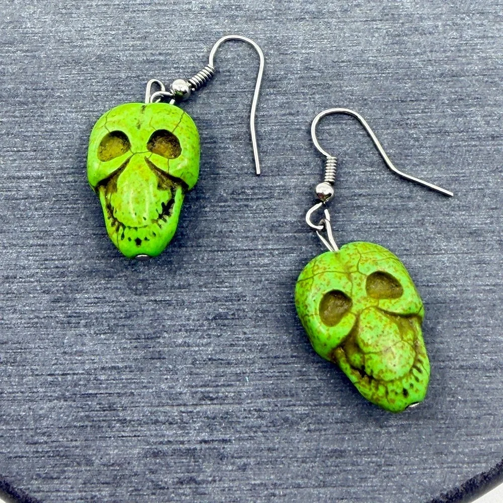 Green Skull Dangle Earrings Gothic Punk Halloween Festival Statement Gift Pair